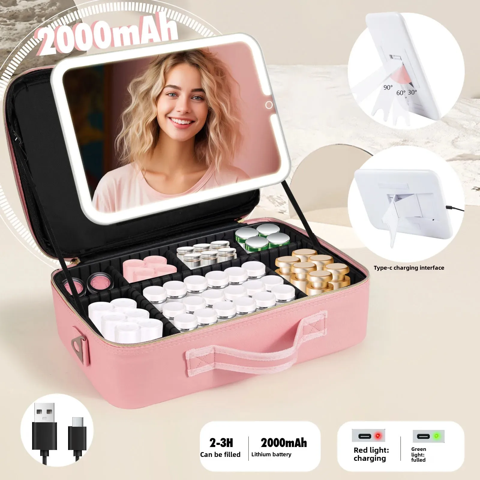CHOICE Removable LED Lamp Mirror PU Leather Cosmetic Bag Cosmetic Case Portable Large Capacity Advanced Sense
