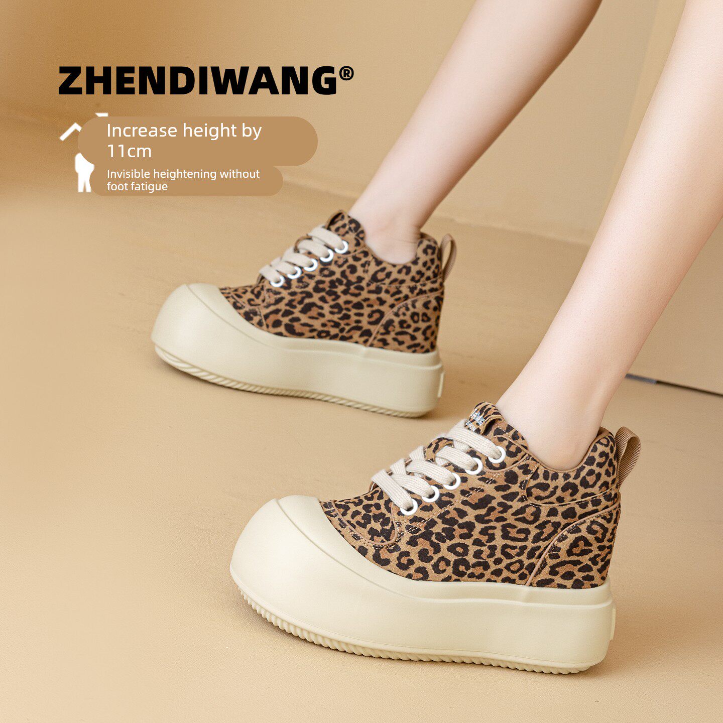 Earthquake King 2026 New Leopard Print Platform Shoes for Women, 11cm Height-Increasing Casual Shoes, Versatile Lightweight Large-Toe Shoes