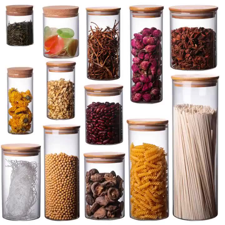 Clear Cylinder Containers With Wooden Lid High Borosilicate Glass Food