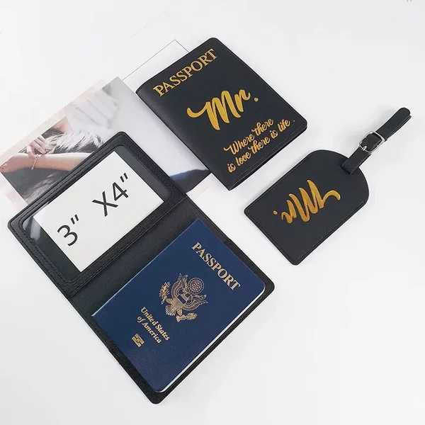 in stock new cross-border can be set pu leather bronzing wedding gift Mr. and miss ID bag, password bag, luggage tag