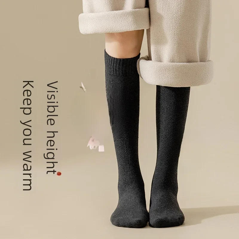 Теплая демисезонная fleece колготки для колен, черные высокие сапоги, усиленная толщина, средняя длина, облегающие