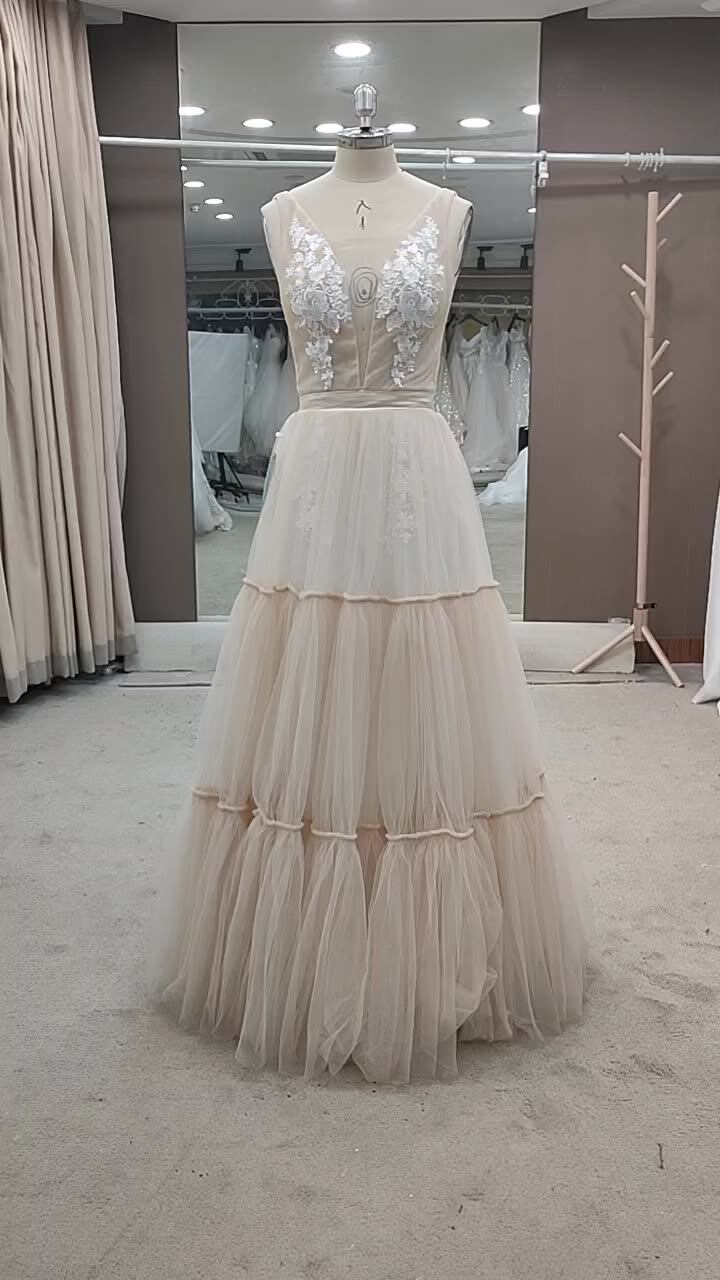 white christmas dresses Champagne A-Line Wedding Gown w/ Lace Bodice & Plunging Neckline main image 0