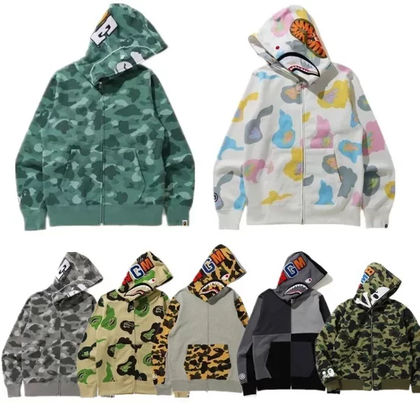 Cross-border wholesale Japanese fashion brand bape shark head sweater men's 3D digital printing sports cardigan zipper shirt hooded