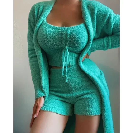 2022 new cross-border Women's plush three-piece lace-up pajamas set casual suit home clothes a generation of hair