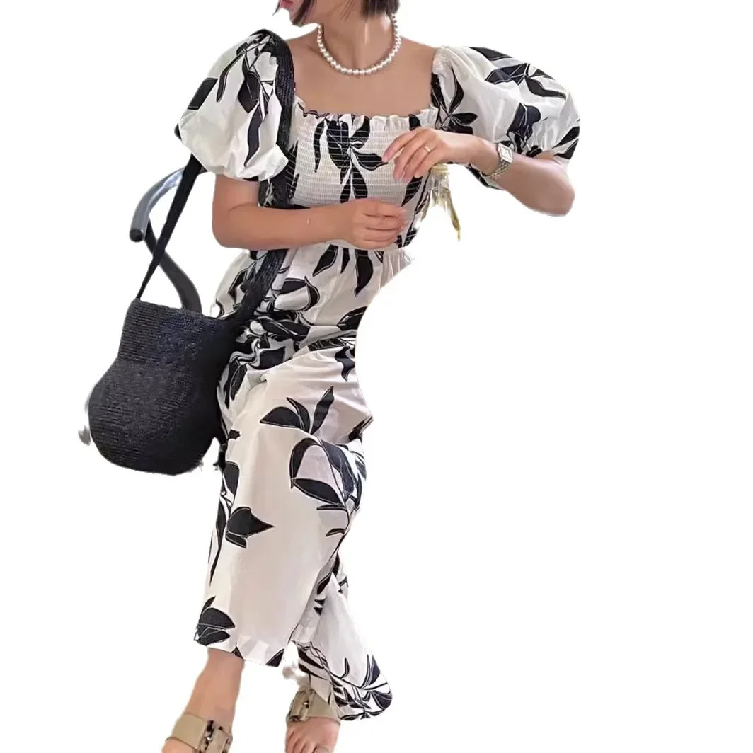 All-Match Leaf-Print Puff-Sleeve One-Neck Pants