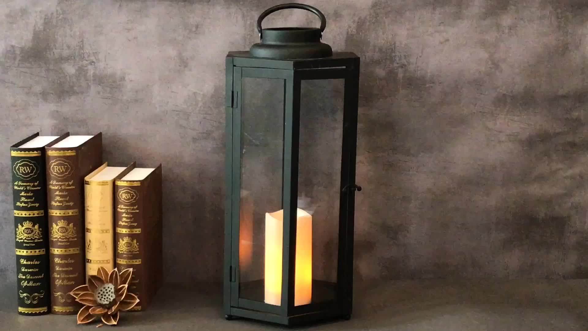 Black Metal Square Lantern With Battery Operated Led Plastic Candle