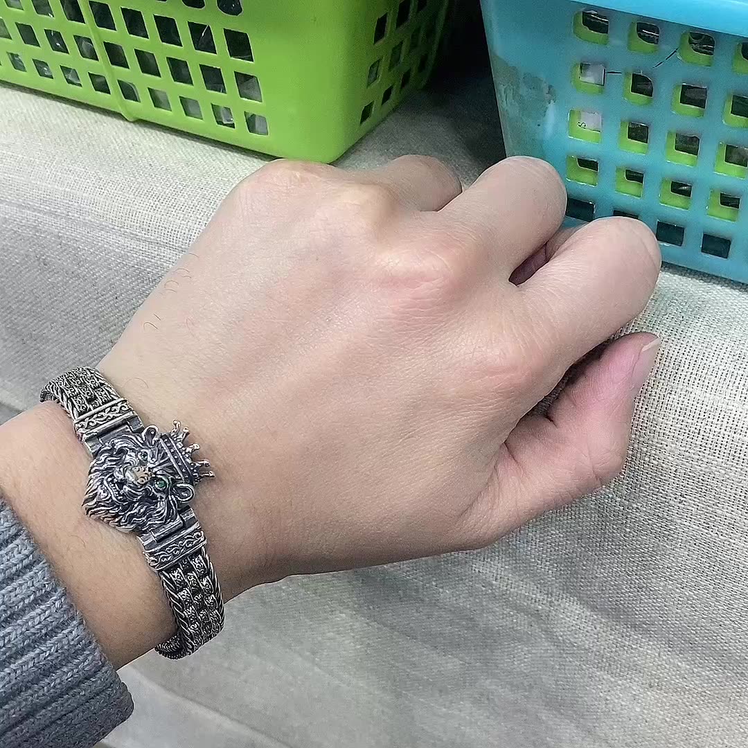 S925 Sterling Silver Punk Crosshead Bracelet with Lion