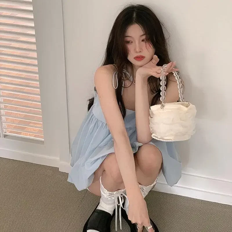 Sister's Shirt Small Strappy Women's Summer  New Bandage Loose Small Backless Top Pure Color Sweet Pom Pom Top