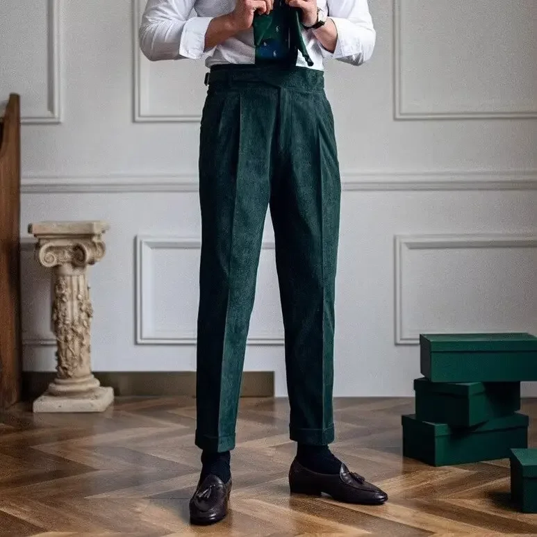 Linen corduroy Italian Naples straight high-waisted casual pants, luxury British business retro winter pants for trendy men