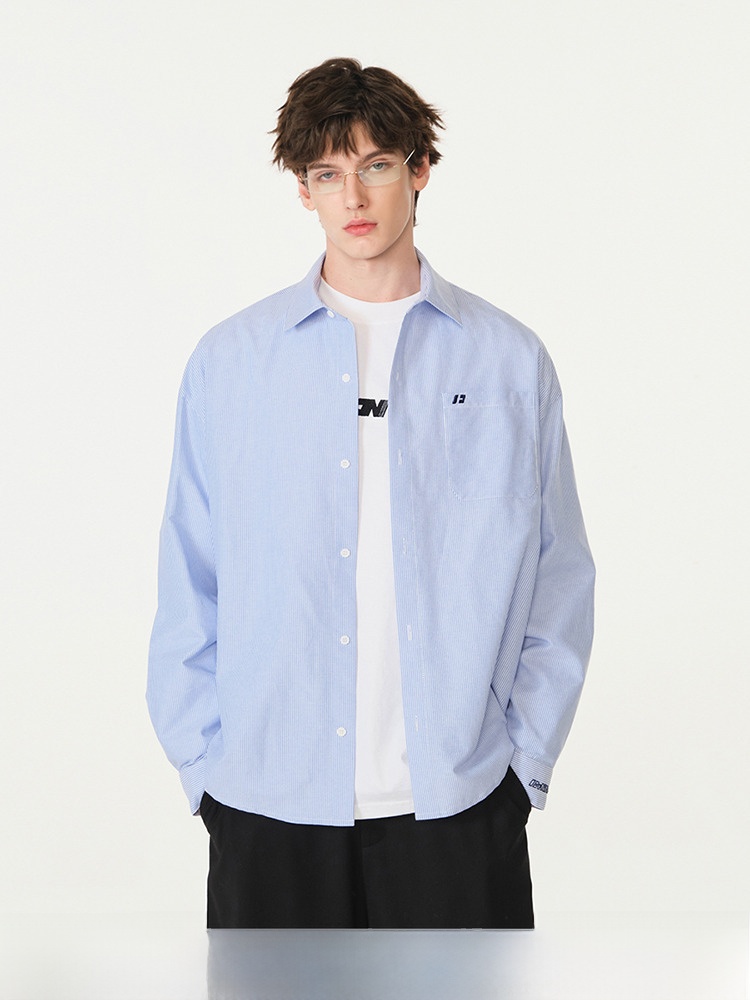 FORNINES刺绣竖条纹蓝色长袖衬衫男女情侣装上衣潮牌春秋休闲外套
