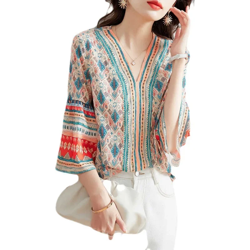 Ethnic style printed chiffon shirt 2021 summer new V-neck loose flared 3/4 sleeve shirt women's top