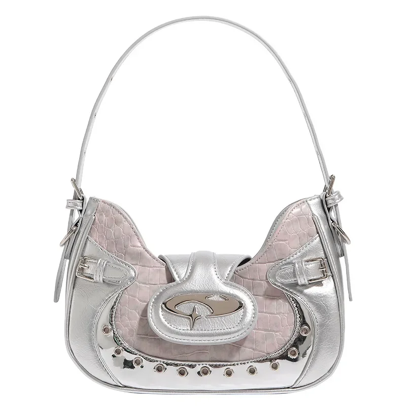 Millennium hot girl motorcycle bag 2023 new female niche design crocodile pattern underarm bag fog pink shoulder messenger bag