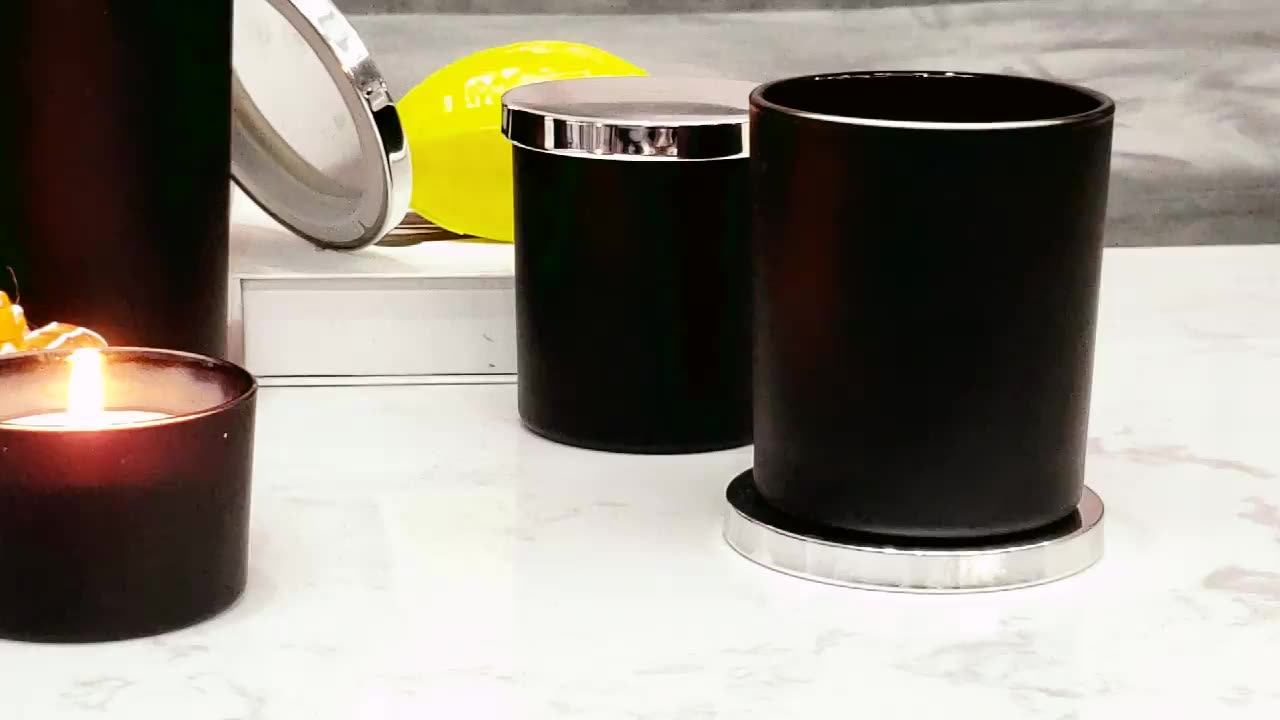 Light Black Empty Glass Candle Jars With Wooden Lids Customized Metal