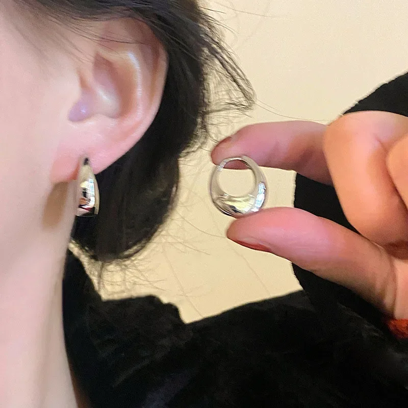 幾何橢圓素圈耳扣女時尚個性韓版鏤空S925鍍銀針耳環ins小眾耳飾