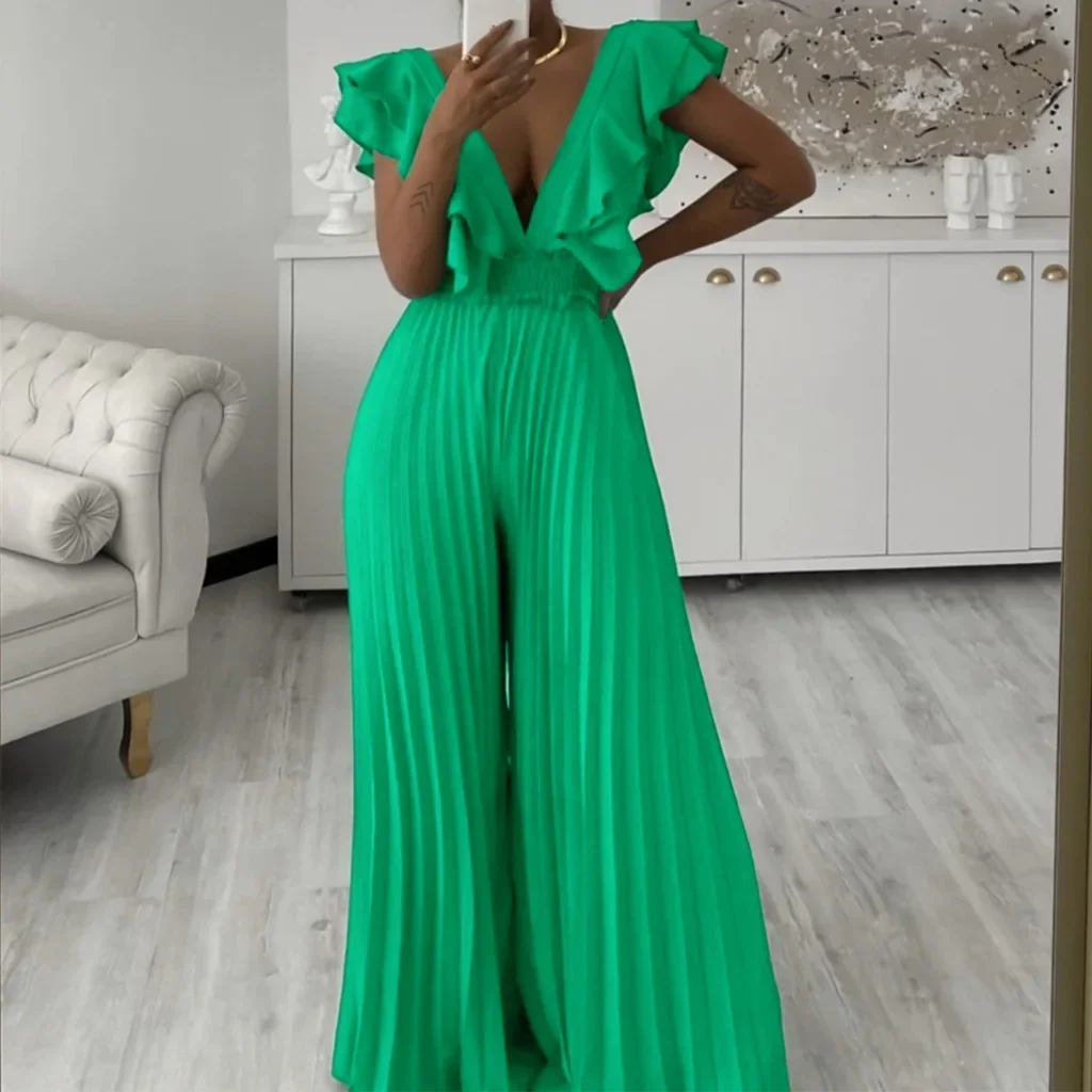 C8574 Cross-border Women's 2024 New Deep V-neck High Waist Sexy Ruffled Wide Leg European and American-style Pants