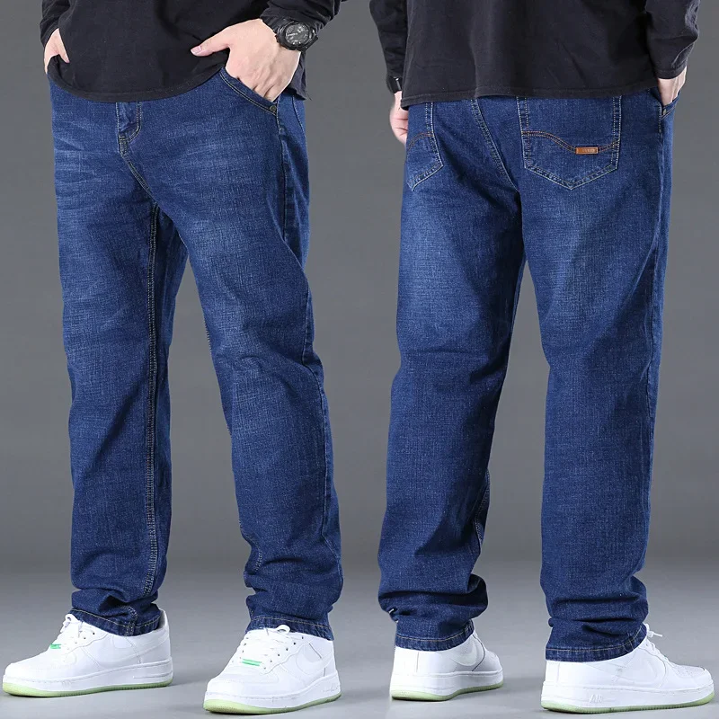 Extra Large Size Stretch Jeans Men's Straight Loose Fat Men's Mid-Waist Middle-Aged Casual Pants for Spring and Summer