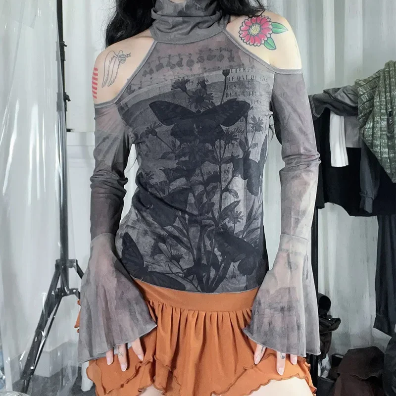 Q23TP789 American cross-border retro plant printed mesh off-shoulder turtleneck pullover long-sleeved top women's new style