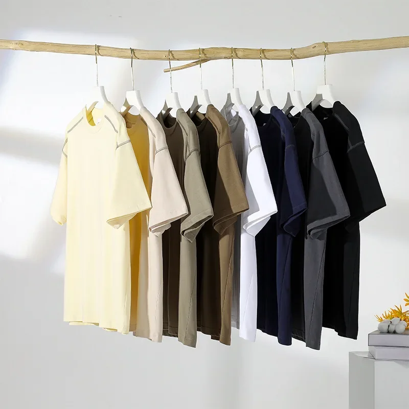 Summer new 250g heavy cotton short sleeve men's Japanese retro design solid color loose half sleeve men's T-shirt