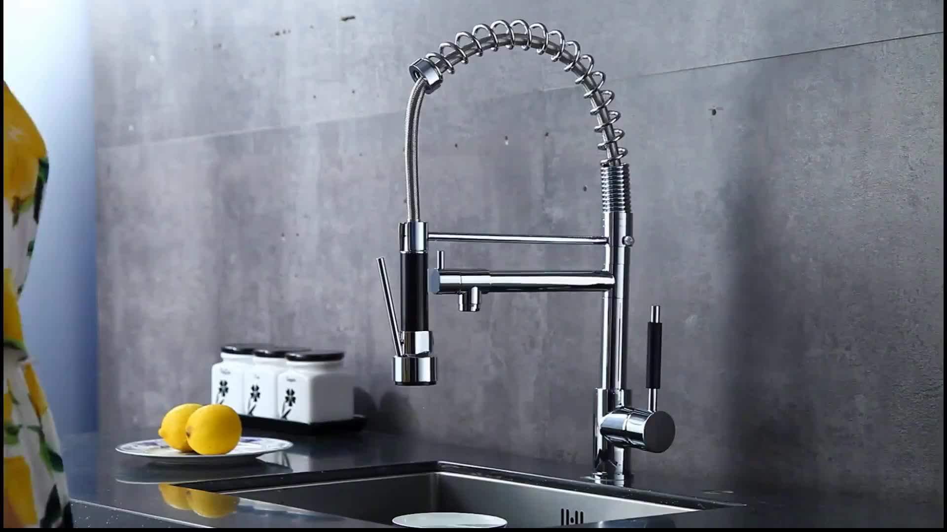 Wellpriced Black Pull Out Spring Mixer Double Spout Kitchen Faucet