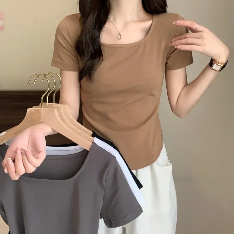 2025 Summer New Korean Style Short Sleeve T-Shirt for Women, Ins Inspired Unique Design Slimming Fit U-Neck Top, Direct Manufacturer Sale