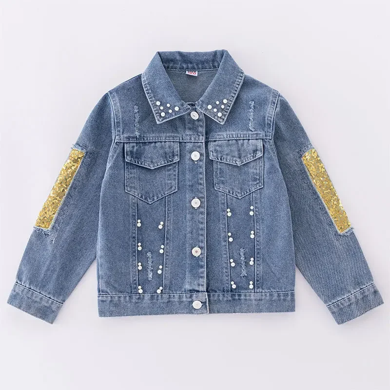 Children's Spring and Autumn New Pearl denim clothing medium and large children's back cute rabbit long sleeve ripped sequin coat
