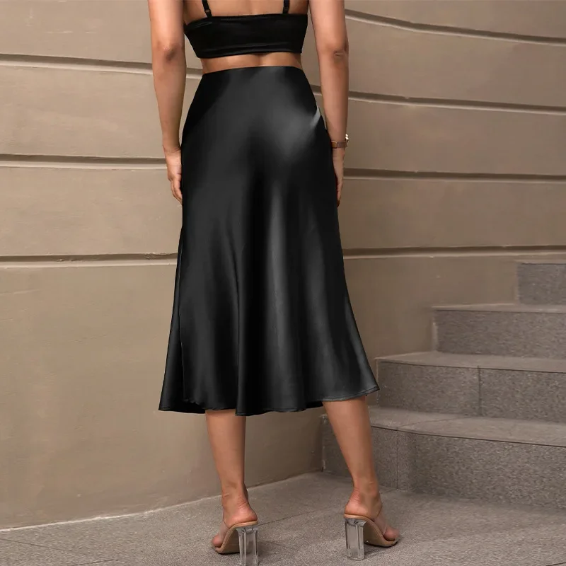 Cross-border Trade European and American Style Satin Half Skirt 2025 Spring and Summer Amazon Elegant Polyester Medium Length A-line Skirt