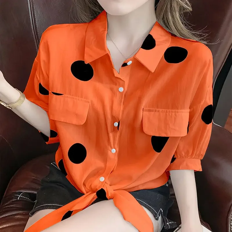 Women's Large Print Polka Dot Chiffon Shirt with Open Jacket for  Summer New Sun Protection Top with Air Conditioning Shirt, Paired with Skirt and Small Shawl