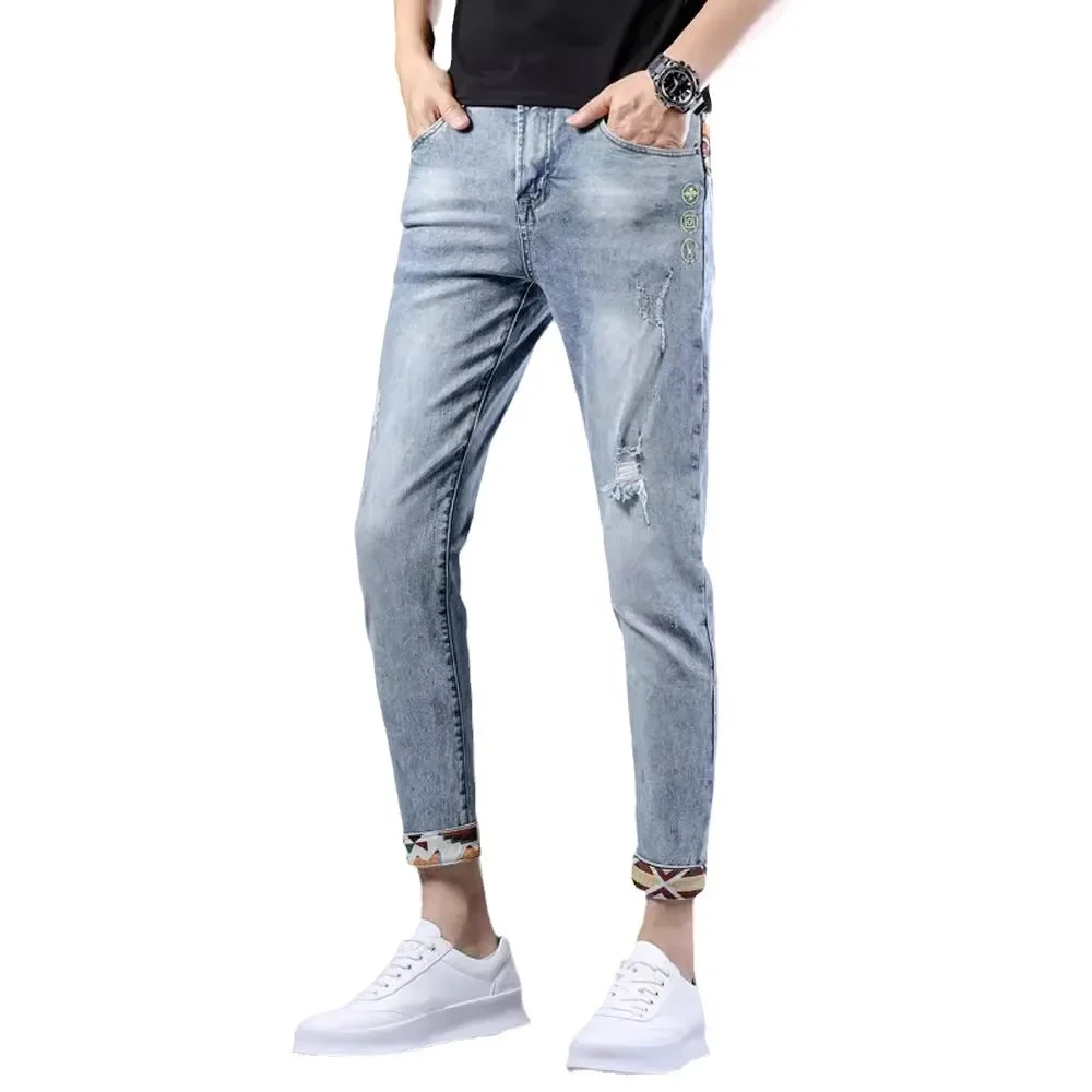 Летние thin trend джинсы для отдыха, Гонконг, с вышивкой, корейский стиль, облегающие