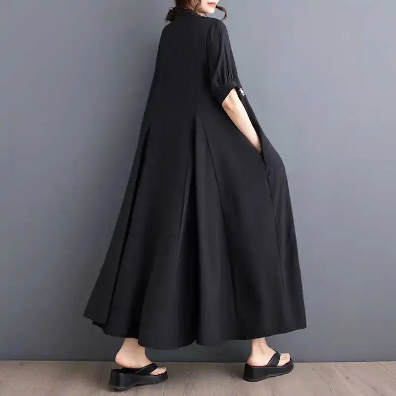 Summer megaphone, dress, Korean style, loose fit, flowered, with embroidery, plus size