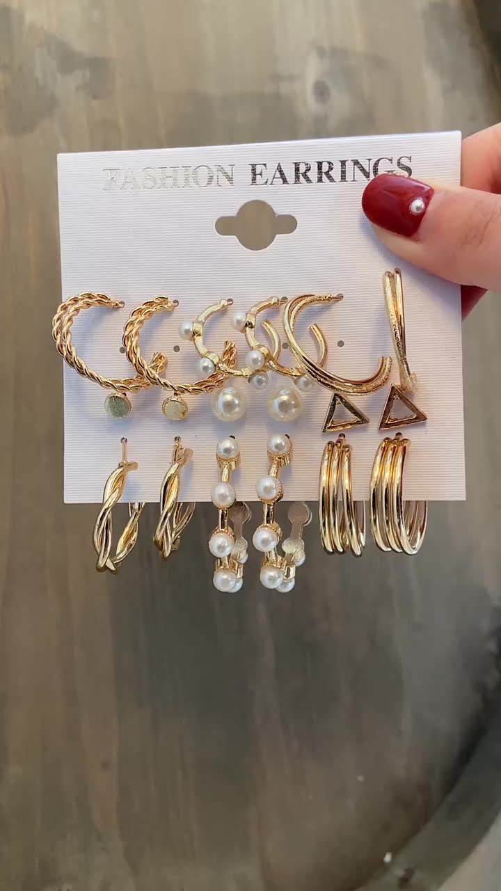 Trendy Gold Metal Earrings Set Fashion Geometric Pearl Circle Drop