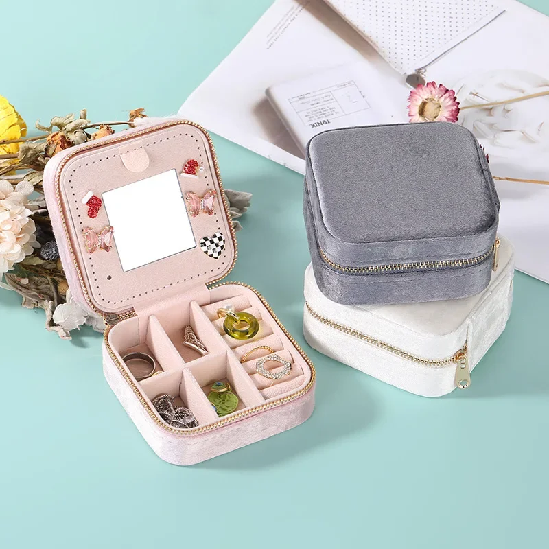 Portable double-layer zipper jewelry box velvet jewelry storage box flip earrings earrings ring storage jewelry box