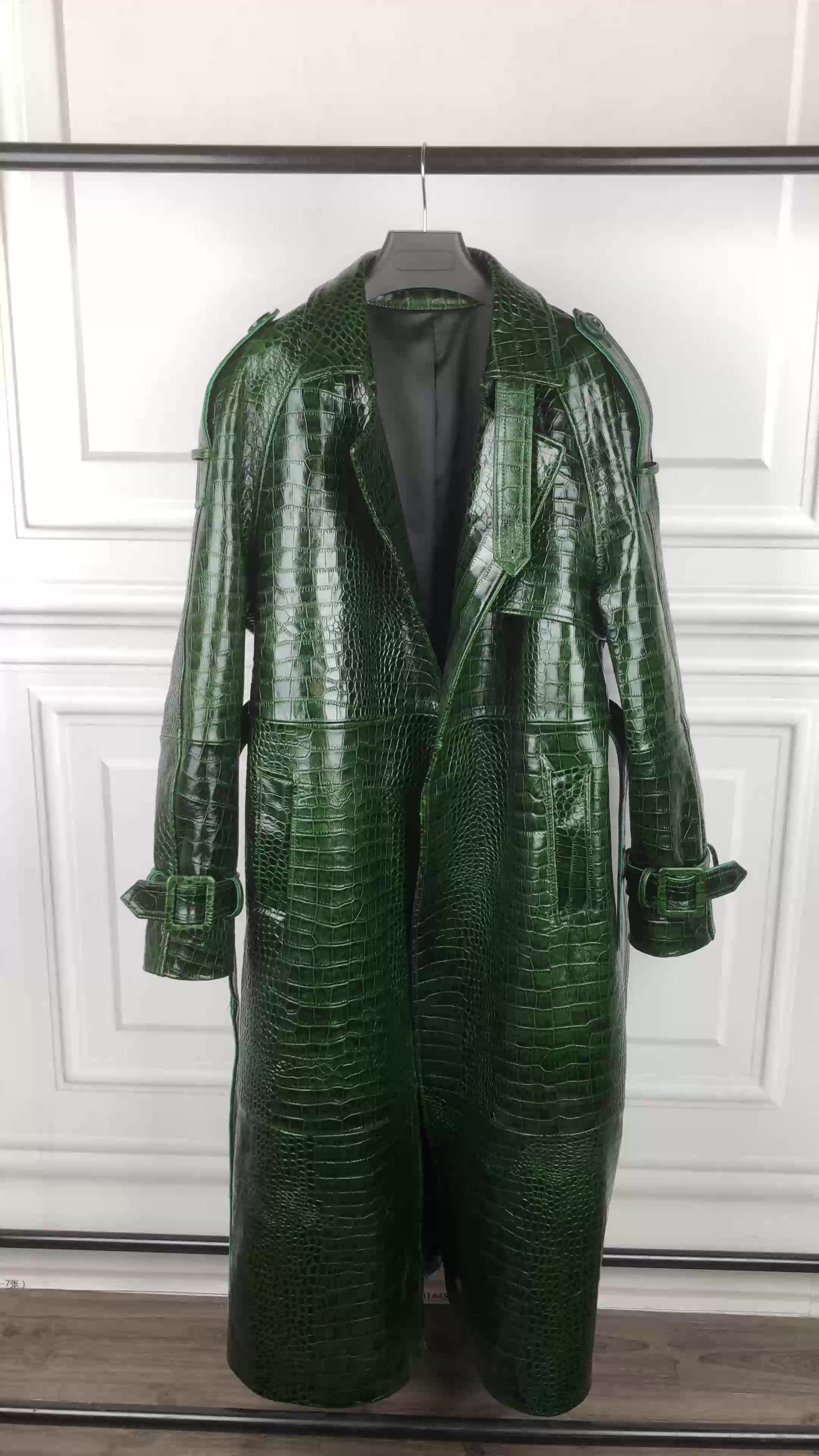 Crocodile Pattern Male Long Real Leather Coat - Mens Trench Coat