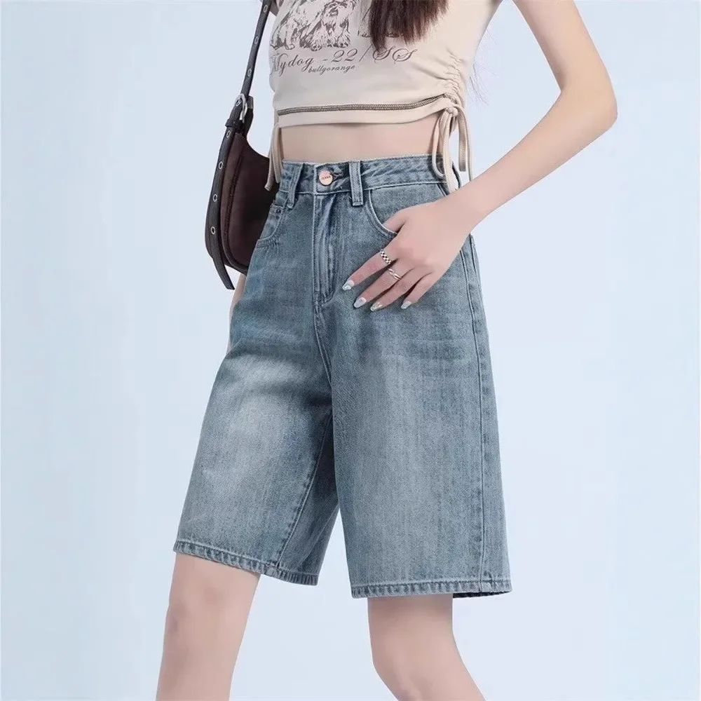 Summer Thin Denim Mid-Length Pants Simple Five-Point Pants for Women Plus-Size Pear-Shaped Figure Loose Straight High-Waisted Cycling Mid-Length Pants
