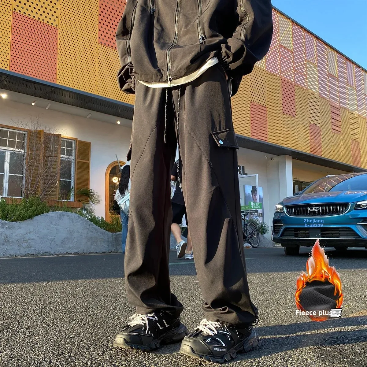 Men's Autumn/Winter Functional Rush Pants, Trendy Waterproof Thick Hiking Pants, Fleece Lined Straight Leg Casual Pants, Solid Color Versatile Fashion Pants