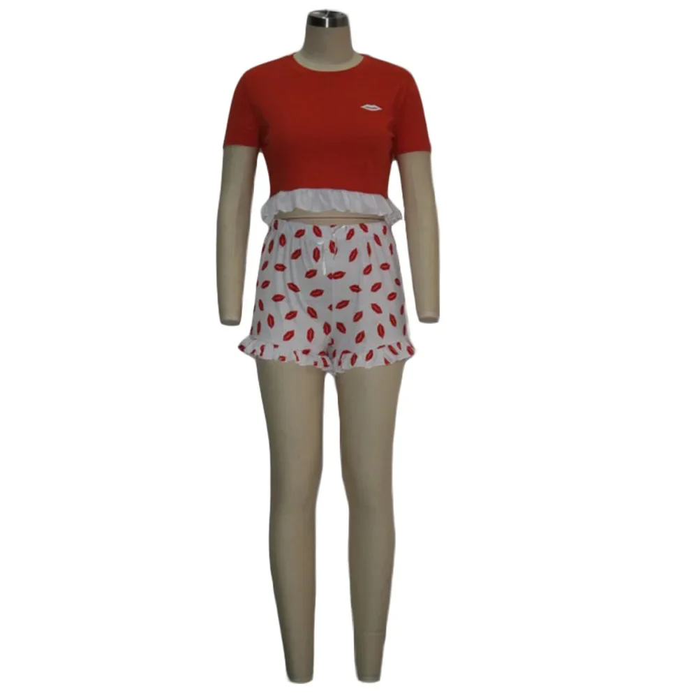 Cross-border Explosions 2020 Summer Women's New Color-matching Short-sleeved Slim-fit Lace T-shirt Casual Printed Shorts suit