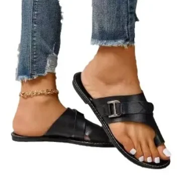 European and American 2023 Foreign Trade Summer New Large Size Women's Shoes Set Toe Fashion Flat Heel Casual Women's Sandals and Slippers Foreign Trade