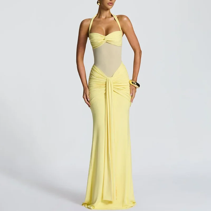 Amazon Cross-Border 2025 New Style Halter Neck Tie Mesh Splicing Long Dress with Ribbons, European and American Style Dress