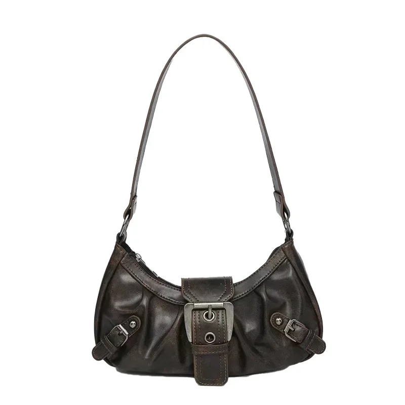 in stock Cross-border Hot Selling Maillard Style Shoulder Bag Retro Style Spice Girl Waste Earth Style Pleated Underarm Bag New Women's Bag