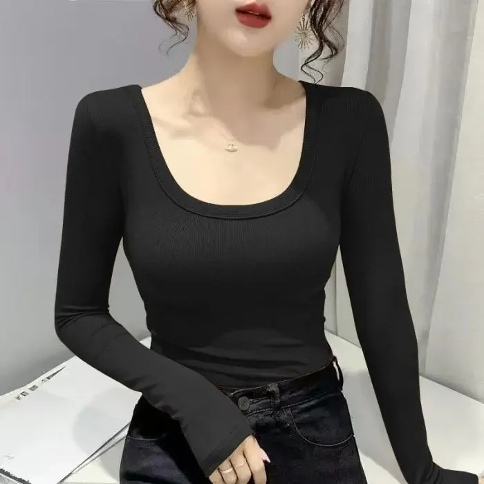 Threaded U-neck Base Shirt Spring and Autumn New Slim-fit Slimming Low-neck Long-sleeved T-shirt Women's Solid Color Top