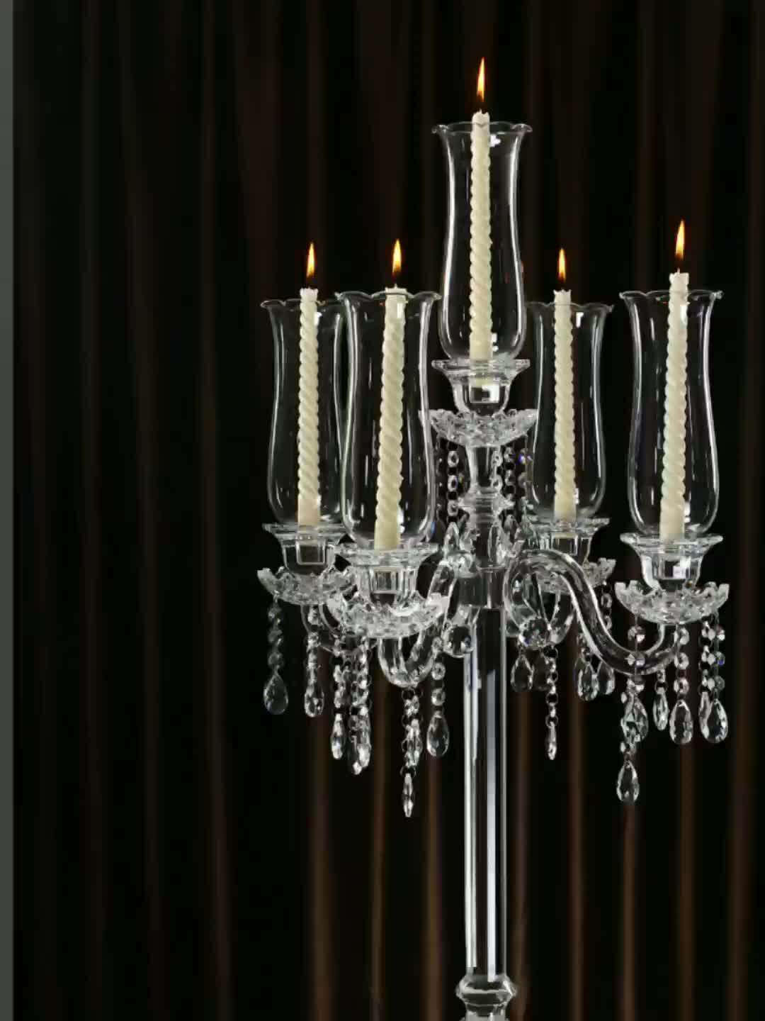 Hot sale 5 arms white crystal wedding candelabra centerpiece with glass hurricanes