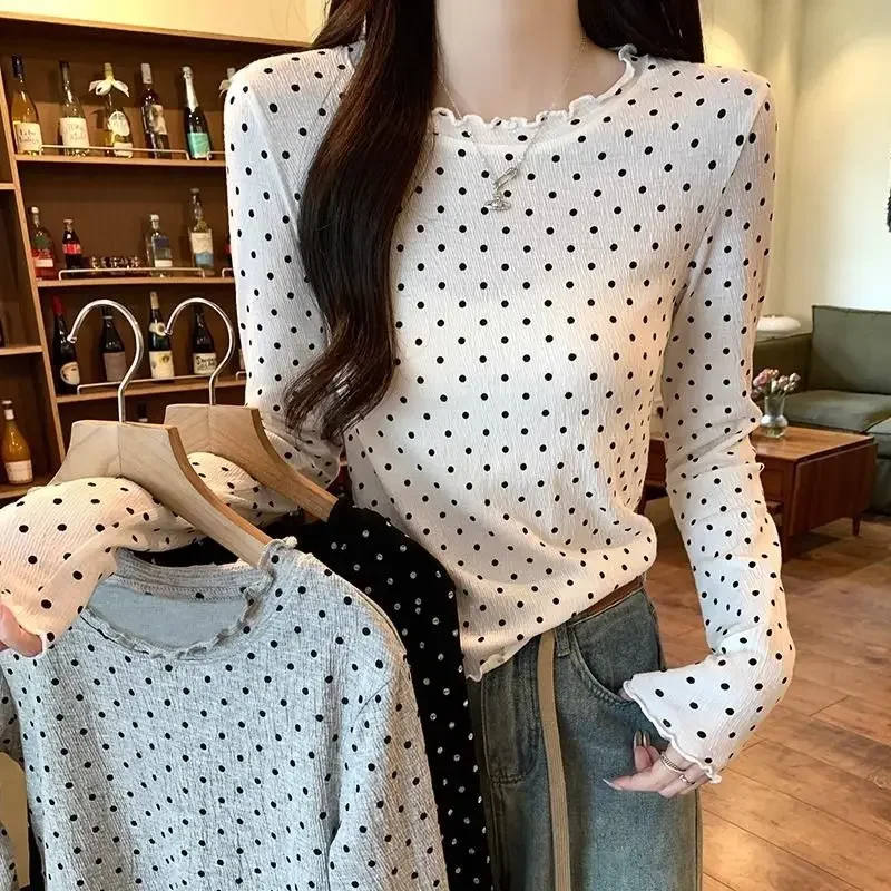 Korean Style Sweet Polka Dot Ear-rimmed Round Neck Top Women's 2024 Autumn and Winter Inner Base Shirt Comfortable Casual Long-sleeved Women