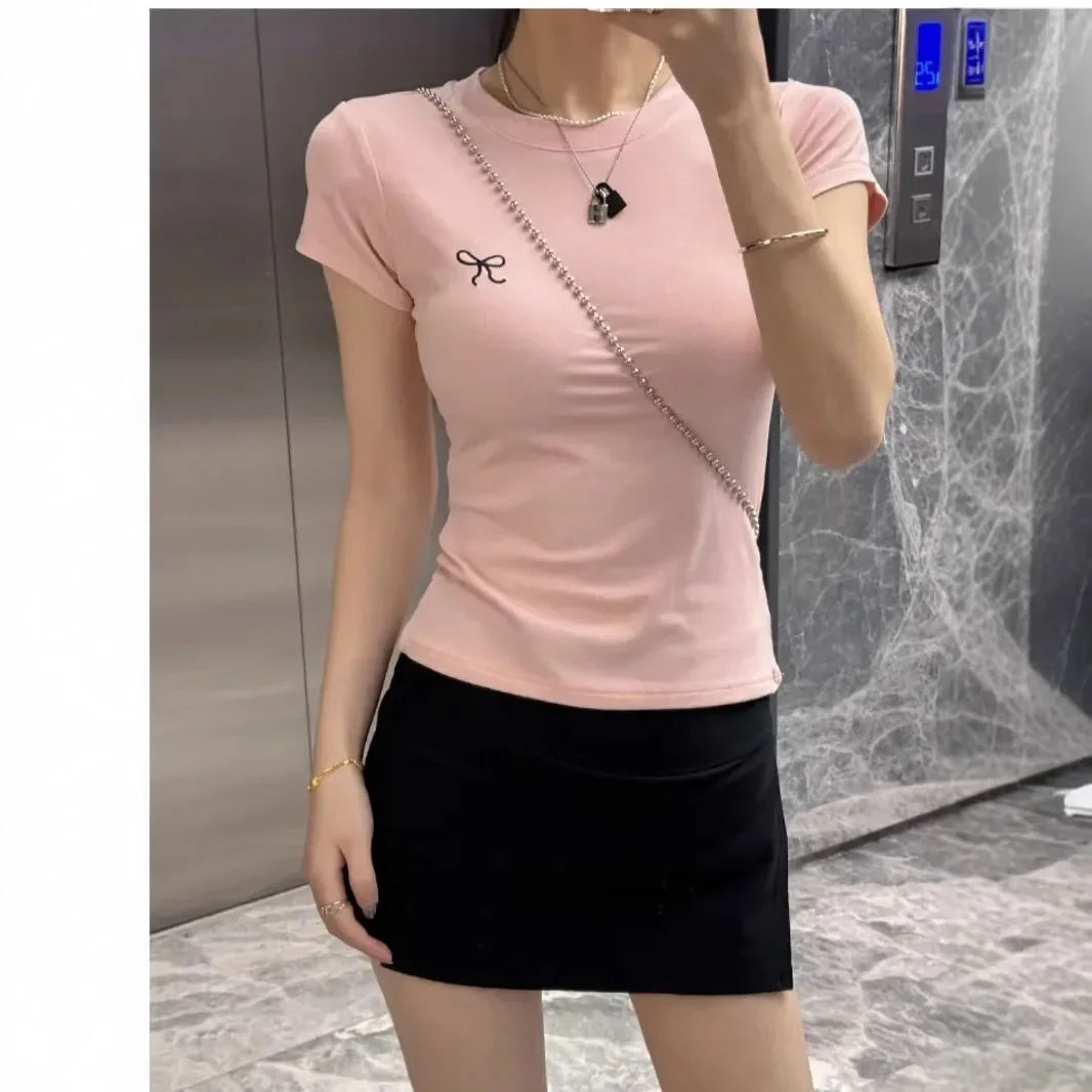 Foreign Trade Pure Desire Embroidered Summer Slim Short-Sleeved T-Shirt for Women Korean Style Bow Hot Girl Contrasting Color Bottoming Top for Women
