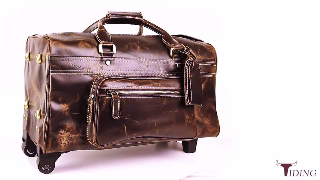 Oem Odm Genuine Leather Trolley Bag Wheeled Leather Traveling Luggage