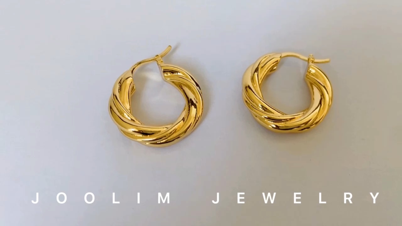 High End 18k Gold Plated Twisted Brass Hoop Earring Gold Jewelry