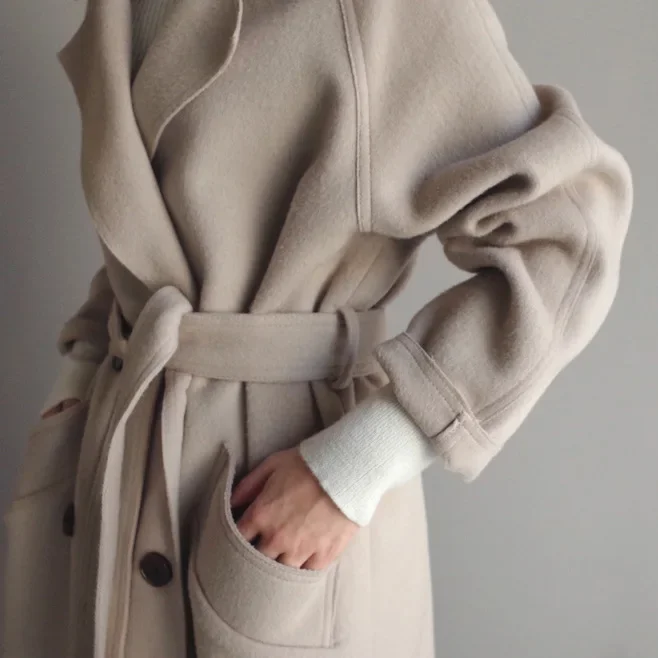 Elite demi-season woolen coat, long double-sided cashmere, Korean style, mid-length