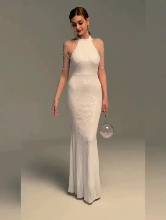 petite formal dresses & gowns Elegant Off Shoulder Sequin  Mermaid Evening Dress 2022 New White Bodycon Maxi Dress For Women Party long sleeve maxi dress formal