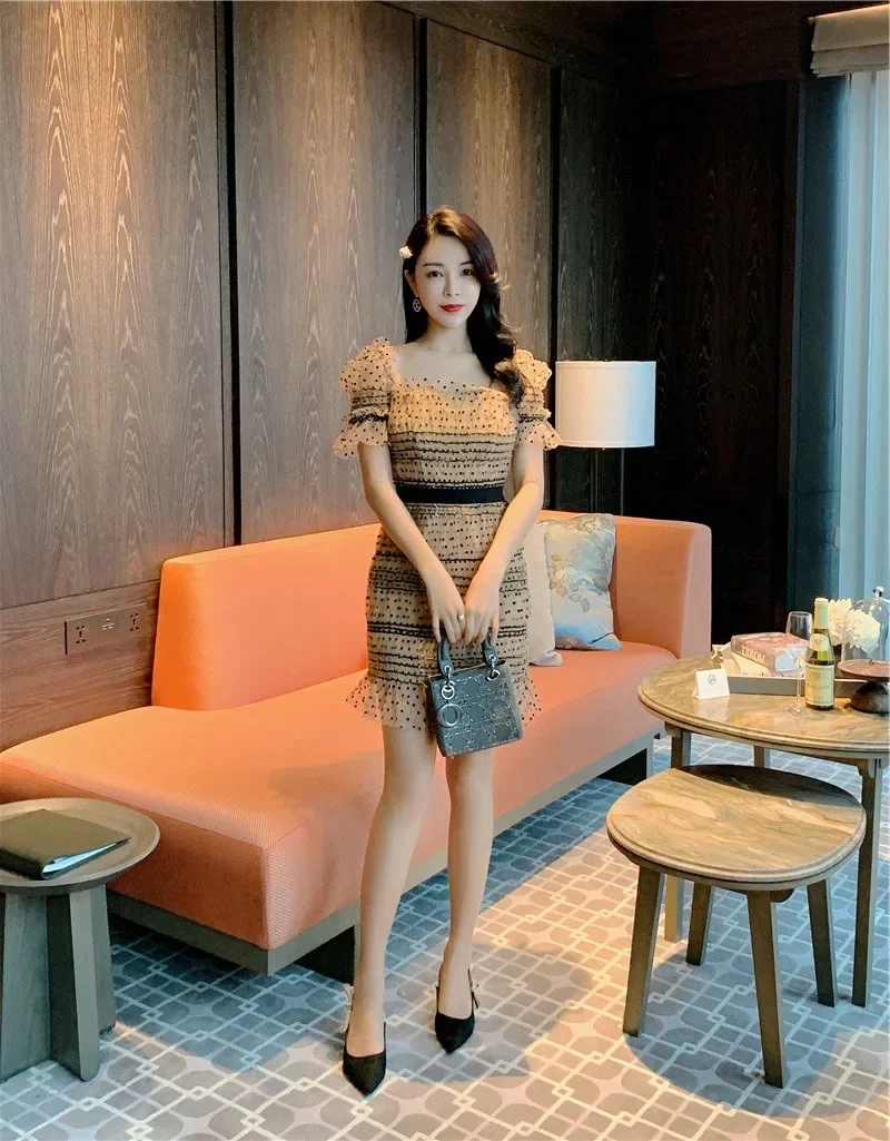 Đầm suông nữ midi họa tiết chấm bi phong cách Pháp — Chấm bi (mẫu ngắn) chi tiết 9