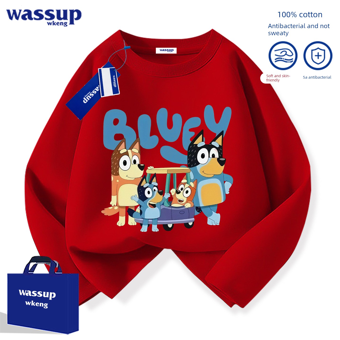 Wassup Co-Branded Bluey Children's Pure Cotton Long-Sleeved T-Shirt Autumn 2026 New Style Cartoon Base Shirt for Boys and Girls