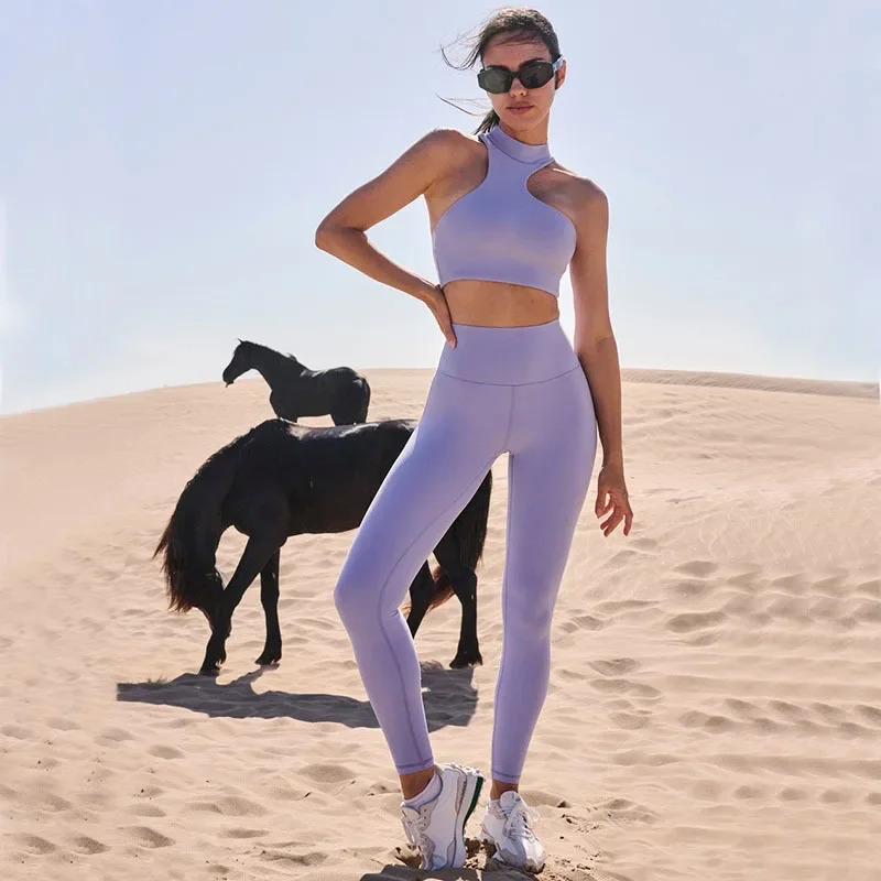 European and American Popular Summer Nude Elastic Sports Stand-Up Collar Bra Fitness Pants High-Waisted Hip-Lifting Yoga Suit Ok98