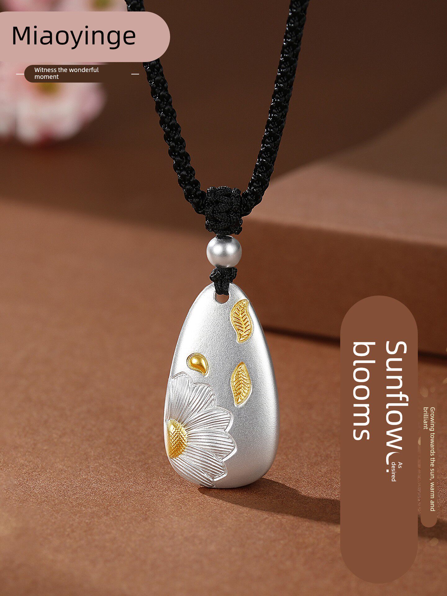 Sunflower Pendant 999 Pure Silver for Women, Solid Silver Ethnic Style Pendant with Gold Inlay, Niche Design Necklace, Gift for Girlfriend
